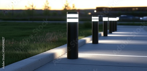 Black metal LED bollard lights for parking lots, outdoor lighting, and low ground post lights in concrete pavement near grassy fields.	