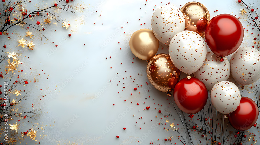 White Background with Gold, Red, and Silver Balloons Arranged for a Festive Celebration or Party, Creating a Cheerful and Elegant Atmosphere.
White Background with Gold, Red, and Silver Balloons Arranged for a Festive Celebration or Party, Creating a Cheerful and Elegant Atmosphere.