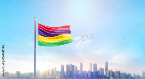 Mauritius national flag waving with skyline and buildings. Mauritius national flag for independence day. photo