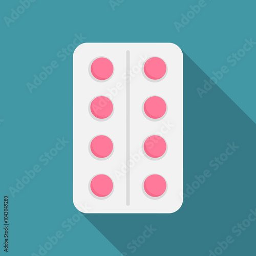 Icon blister pack of pills, drugs or vitamins. Medicine on blue background with shadow. Treatment with antidepressants, painkillers. Vector flat design illustration for web banner, template, cover