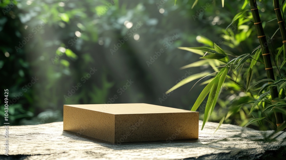 A serene setting featuring a flat stone surface surrounded by lush greenery and soft light. A serene setting featuring a flat stone surface surrounded by lush greenery and soft light.
