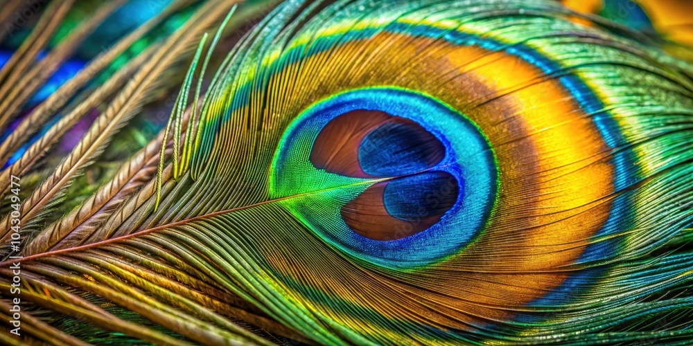 Obraz premium Close-Up of Peacock Feather with Vibrant Colors, Intricate Patterns, and Nature's Beauty - Stunning Macro Photography of Exotic Bird Feathers for Nature Lovers and Art Enthusiasts