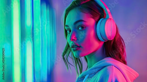 Fashion pretty woman with headphones listening to music, on neon background.