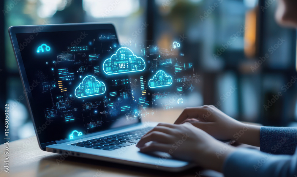 A person is working on his laptop with icons of cloud technologies and data flowing out, indicating integration between open source office software.