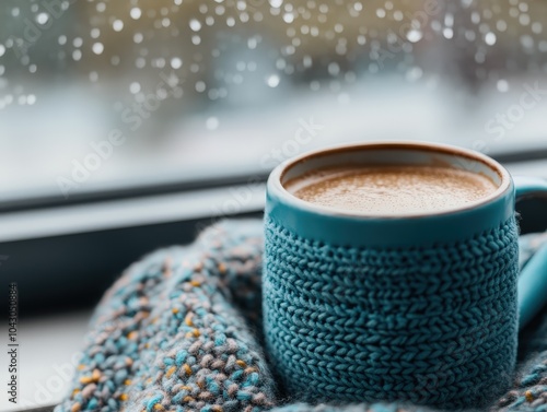 Warm Cup of Cocoa in Cozy Blanket by Window photo