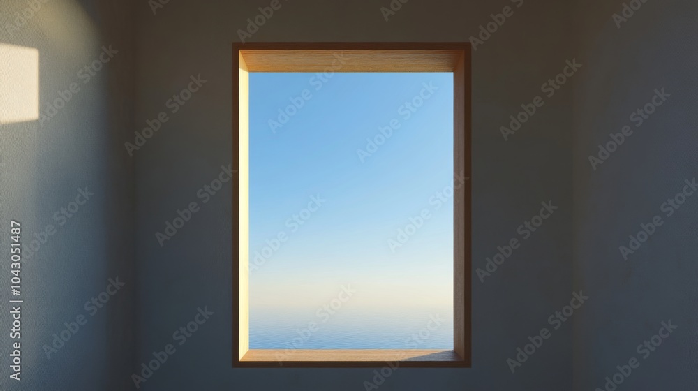 A window in a white room looks out to a bright blue sky with clouds and a slight horizon. A window in a white room looks out to a bright blue sky with clouds and a slight horizon.