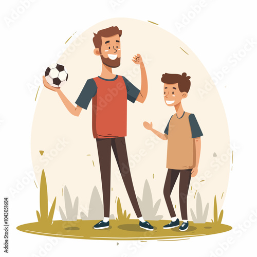 Father and son playing soccer in the park.