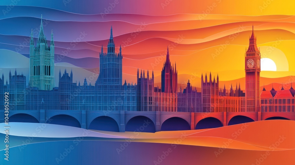 Fototapeta premium A vibrant illustration of a city skyline at sunset, showcasing iconic architecture and waves.