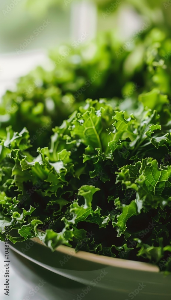 Vibrant close up of fresh green leafy vegetables on a plate in a soft focused white room Vibrant close up of fresh green leafy vegetables on a plate in a soft focused white room