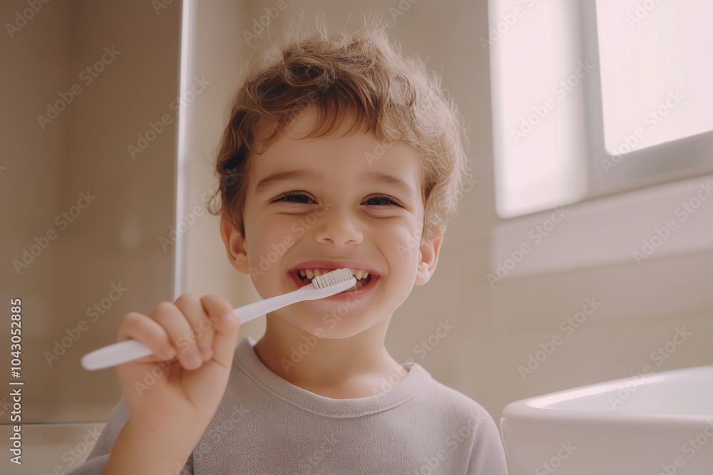 Cheerful child brushing teeth in a bright bathroom, emphasizing the importance of dental hygiene Cheerful child brushing teeth in a bright bathroom, emphasizing the importance of dental hygiene