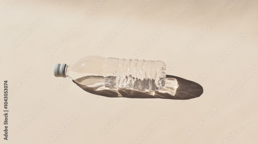 An empty plastic water bottle lies on a light beige surface, casting a long shadow. An empty plastic water bottle lies on a light beige surface, casting a long shadow.