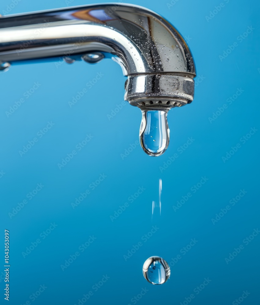 Beautiful dripping water drops from the tap on a blue background. Copy space, concept of saving water on the planet. Beautiful dripping water drops from the tap on a blue background. Copy space, concept of saving water on the planet.