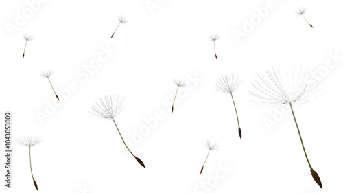 Dandelion seeds blow in the wind on transparent background © Bawornpak