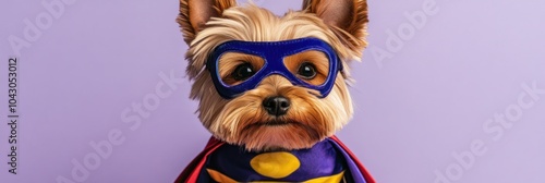 A small dog dressed as a superhero, wearing a mask and cape, against a purple background.