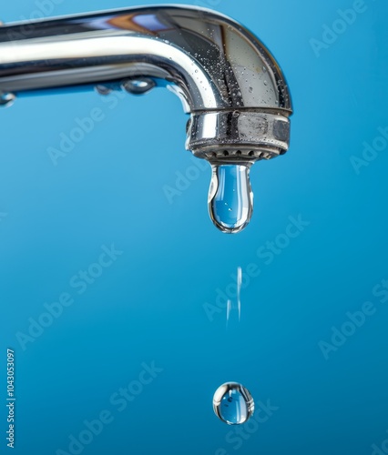 Beautiful dripping water drops from the tap on a blue background. Copy space, concept of saving water on the planet.