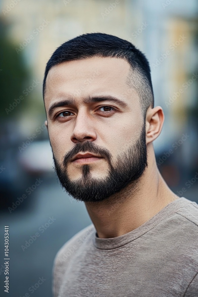 Obraz premium Portrait of a male designer Slavic appearance 25 years old with a short beard and dark short hair