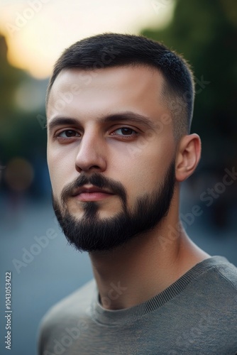 Portrait of a male designer Slavic appearance 25 years old with a short beard and dark short hair