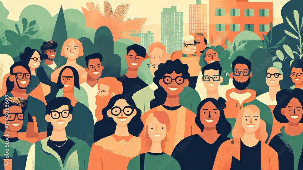 Colorful illustration of a diverse group of smiling people standing outdoors, with a cityscape and greenery in the background. Ideal for community and inclusivity themes. AI generative. Colorful illustration of a diverse group of smiling people standing outdoors, with a cityscape and greenery in the background. Ideal for community and inclusivity themes. AI generative.