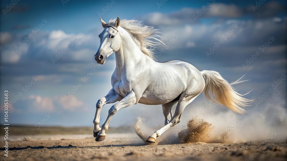 Galloping white horse in wide-angle shot Galloping white horse in wide-angle shot