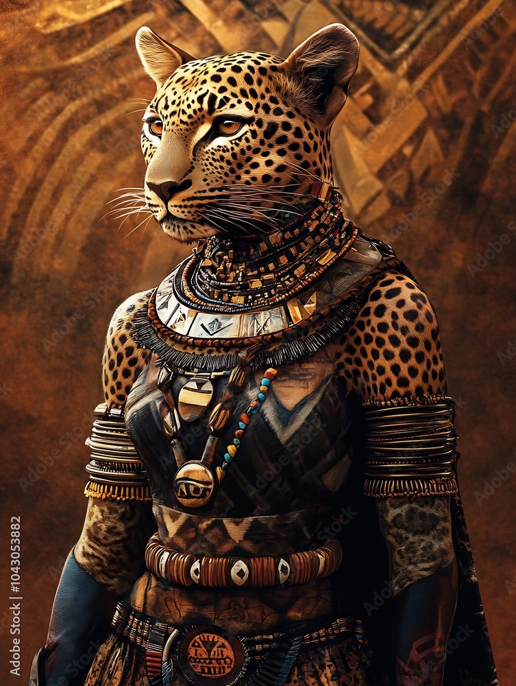 Female leopard in a tribal outfit on an African savannah background. Female leopard in a tribal outfit on an African savannah background.