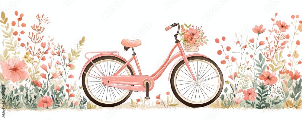 Fototapeta premium Charming pink bicycle with floral decorations amidst a whimsical garden of delicate blossoms and lush greenery