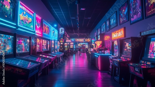 A video game-themed party featuring pixel art designs, LED strip lights, and gaming controllers as table centerpieces, colorful lights creating a neon glow,