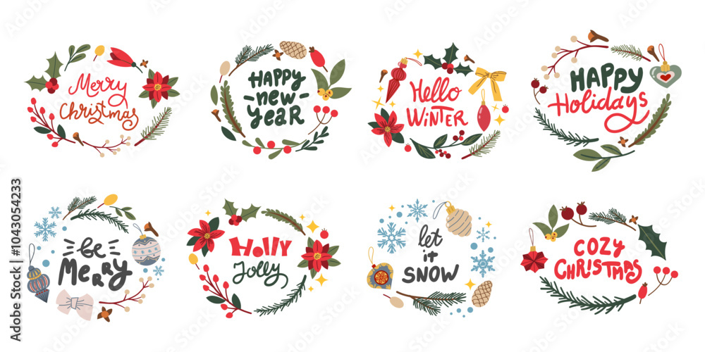 Obraz premium Greeting hand drawn card with Christmas wreath and Merry Christmas handwritten calligraphy lettering . Vector illustration isolate on white. Winter cozy elements flower , branch and berry.