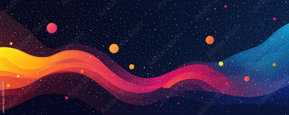 Fototapeta premium Vibrant abstract dark mode wallpaper with colorful cosmic waves and planets for mobile phones