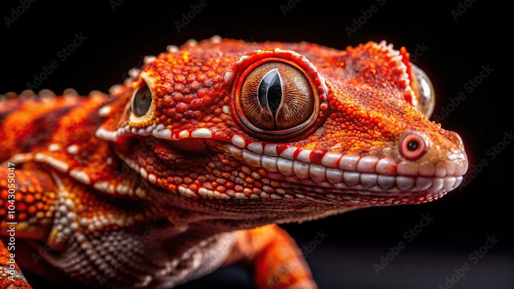 Fototapeta premium Gargoyle gecko with red spots on black background extreme close-up