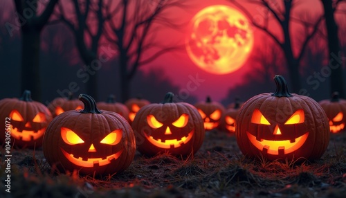 Haunted pumpkin patch with wicked faces carved into the gourds glowing under the light of the blood-red moon.