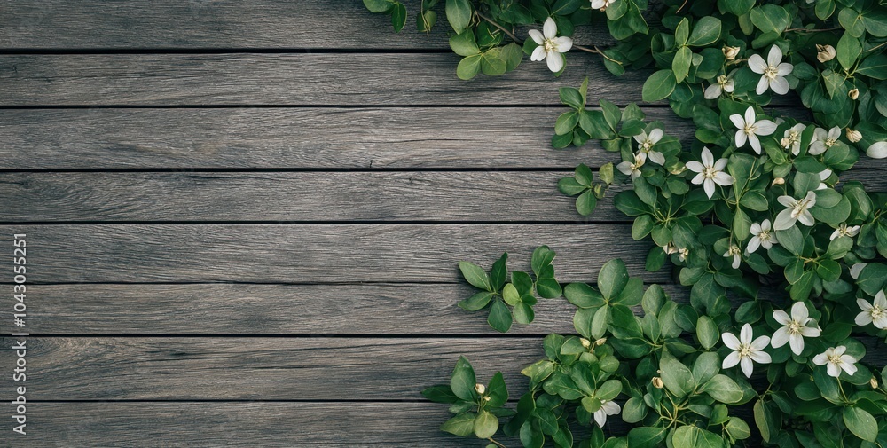 A serene arrangement of greenery and white flowers on a rustic wooden surface. A serene arrangement of greenery and white flowers on a rustic wooden surface.