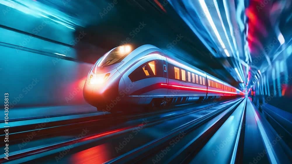 High speed rail with motion blur in a tunnel with neon light, Futuristic urban transit High speed rail with motion blur in a tunnel with neon light, Futuristic urban transit