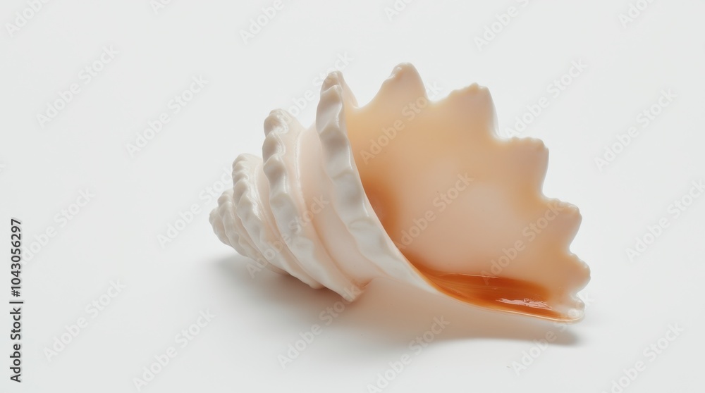 A glossy spiraled seashell with soft pearlescent hues, placed delicately on a white background. A glossy spiraled seashell with soft pearlescent hues, placed delicately on a white background.