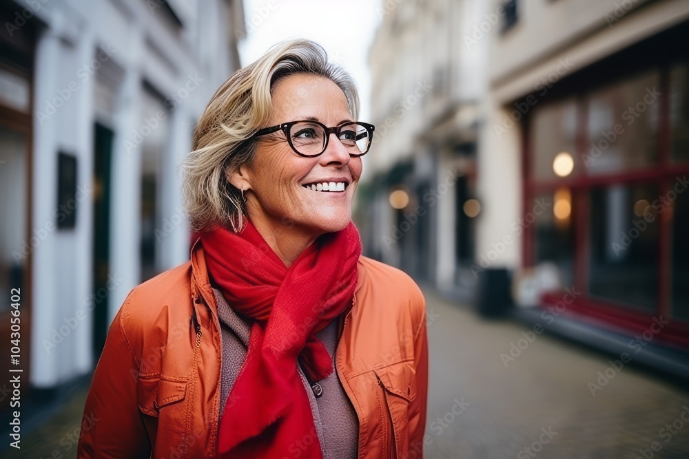 Portrait of happy middle-aged woman in eyeglasses on the street Portrait of happy middle-aged woman in eyeglasses on the street