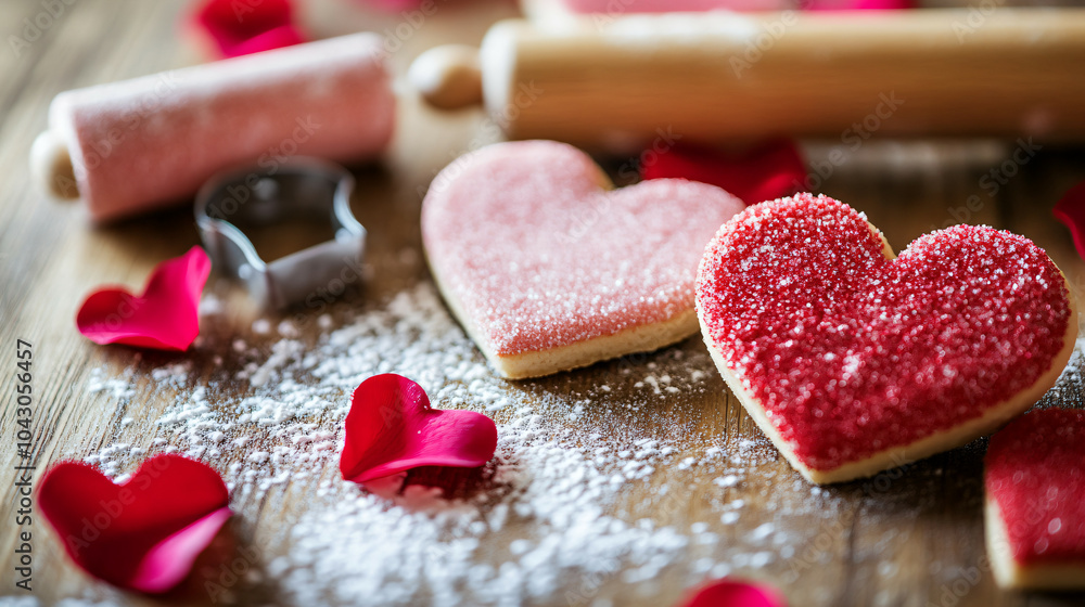 Fototapeta premium Heart-shaped cookies and a rolling pin are on the wood table for Valentine's Day.