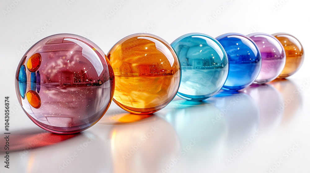 Colorful glass spheres arranged in a stunning gradient under bright lighting