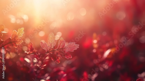 A close-up of vibrant red leaves illuminated by soft sunlight, creating a serene atmosphere.