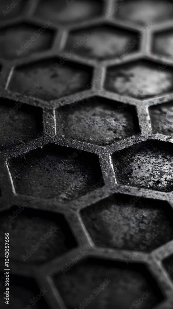 Fototapeta premium A close-up black and white photograph of the texture of a carbon capture honeycomb, showcasing its intricate hexagonal pattern with visible grooves that give it an industrial look
