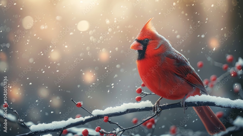 Winter season. A cardinal resting on a snow-covered branch, with a serene winter landscape stretching into the distance Winter season. A cardinal resting on a snow-covered branch, with a serene winter landscape stretching into the distance