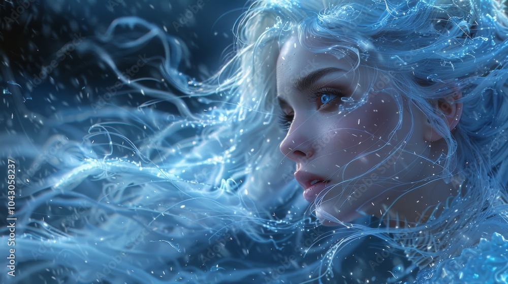 Winter season. The Enchanting Winter Court. A snow queen, her icy crown and flowing gown radiating an aura of power and elegance. Winter season. The Enchanting Winter Court. A snow queen, her icy crown and flowing gown radiating an aura of power and elegance.