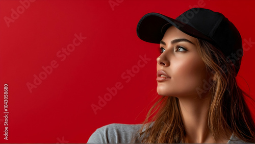 Close up photo of inspired hot sexy lady looking at copy space having thoughts about future events wearing cap hat 