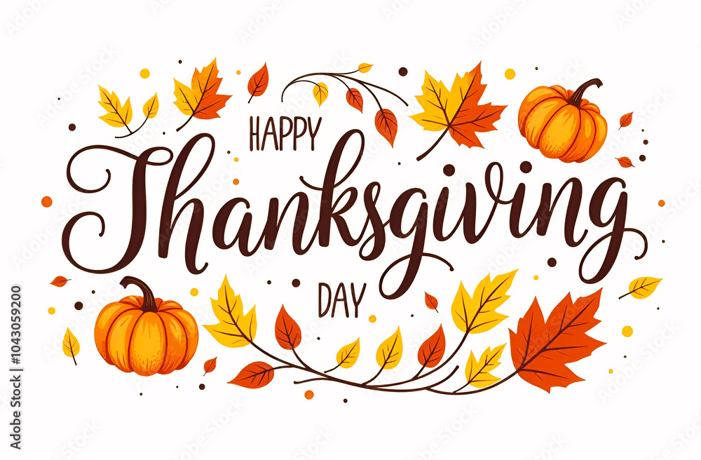 © easycolors - Happy Thanksgiving day illustration with autumn leaves and pumpkins