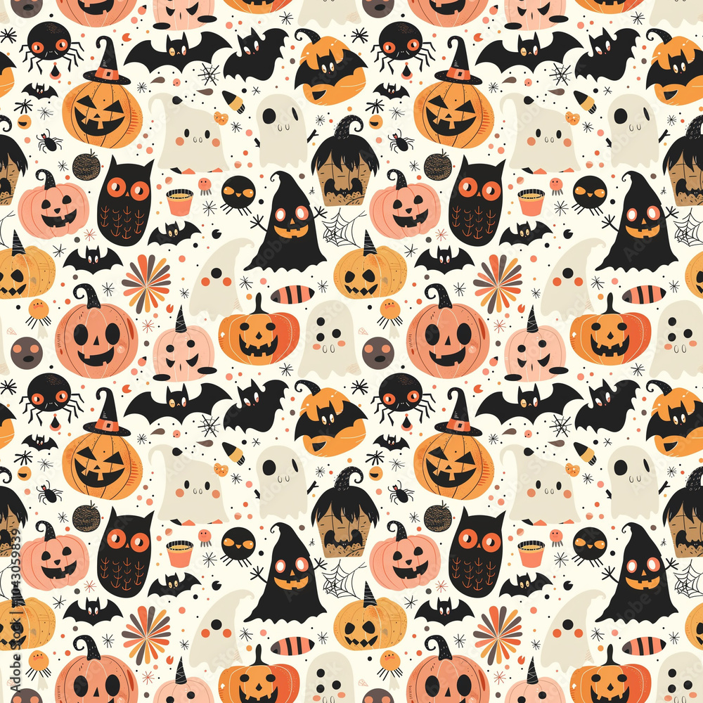 Seamless Pattern for Halloween with Cute Pumpkins, Ghosts, and Bats Seamless Pattern for Halloween with Cute Pumpkins, Ghosts, and Bats
