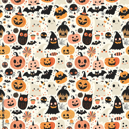 Seamless Pattern for Halloween with Cute Pumpkins, Ghosts, and Bats