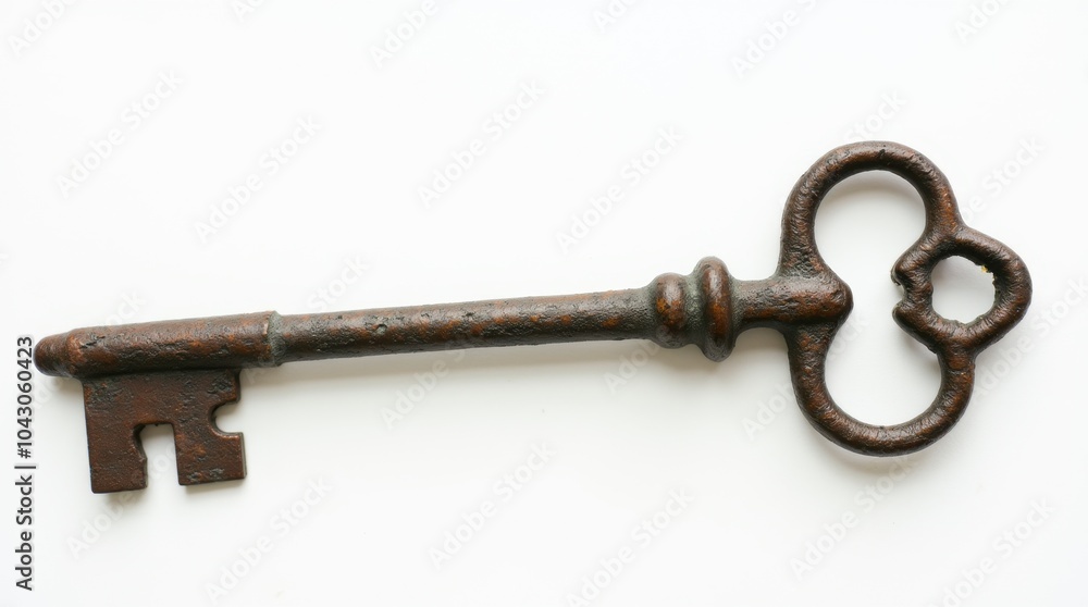A weathered iron skeleton key with a unique, intricate bow design, lying flat on a white background. A weathered iron skeleton key with a unique, intricate bow design, lying flat on a white background.