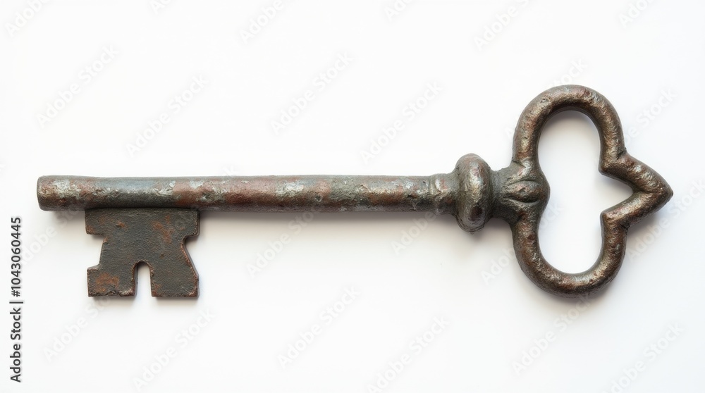 A weathered iron skeleton key with a unique, intricate bow design, lying flat on a white background. A weathered iron skeleton key with a unique, intricate bow design, lying flat on a white background.