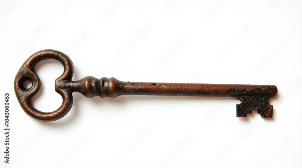 A weathered iron skeleton key with a unique, intricate bow design, lying flat on a white background. A weathered iron skeleton key with a unique, intricate bow design, lying flat on a white background.