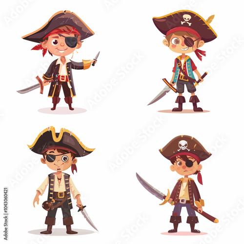 Four Cartoon Pirates with Swords and Eyepatches.