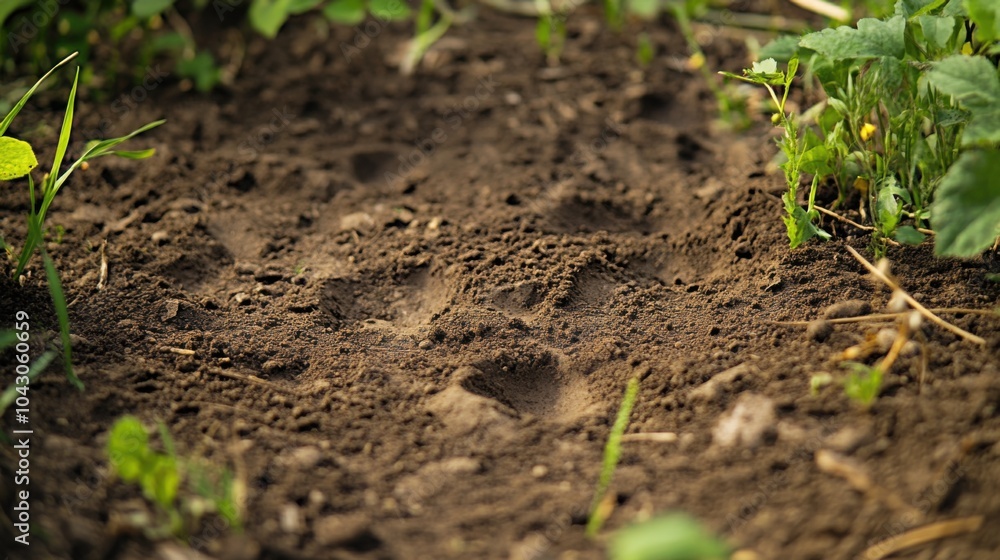 Closeup of footprints in wet mud soil with green vegetation Closeup of footprints in wet mud soil with green vegetation