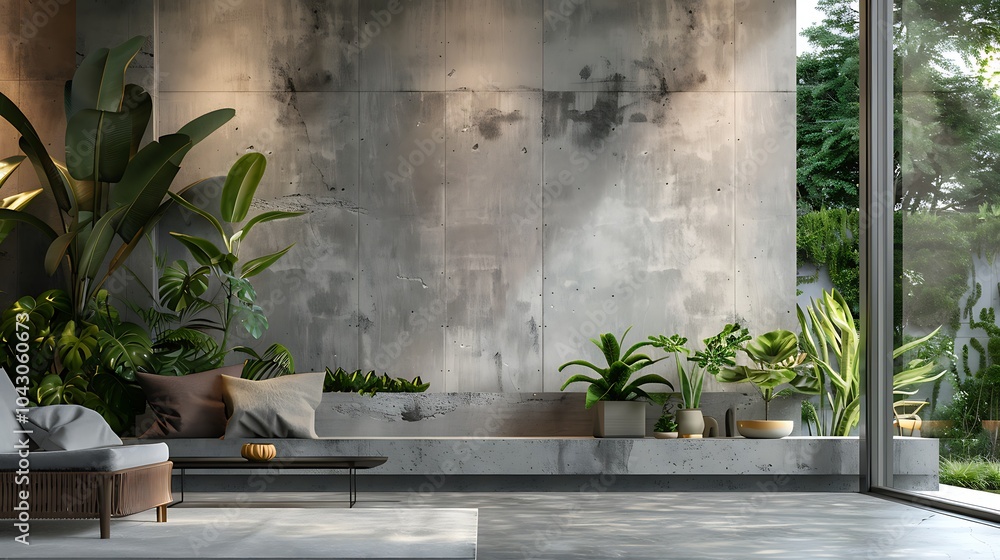 Interior of modern living room with concrete wall background and garden view Interior of modern living room with concrete wall background and garden view